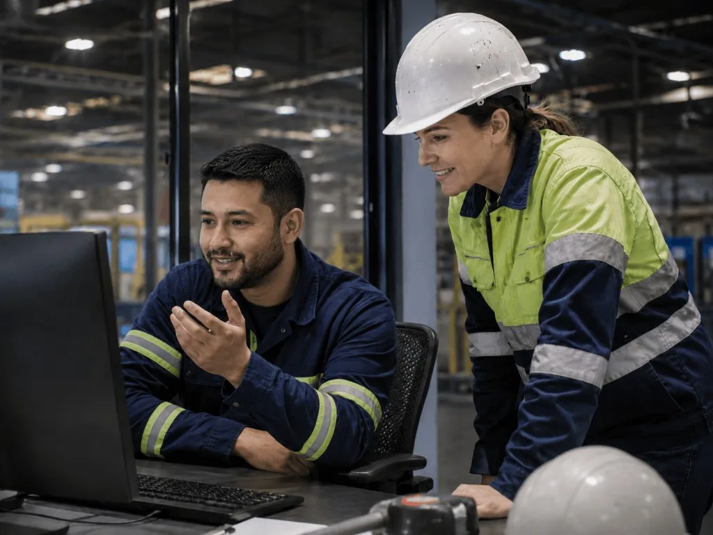 A safety supervisor in hi-vis and a hard hat reviewing on-screen data with a colleague on the factory floor