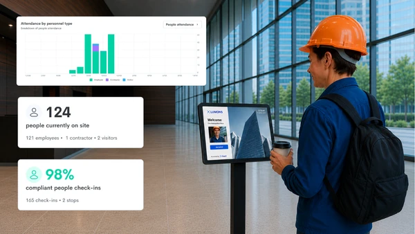 Worker checking in at a Rapid Access kiosk alongside a live attendance and compliance dashboard
