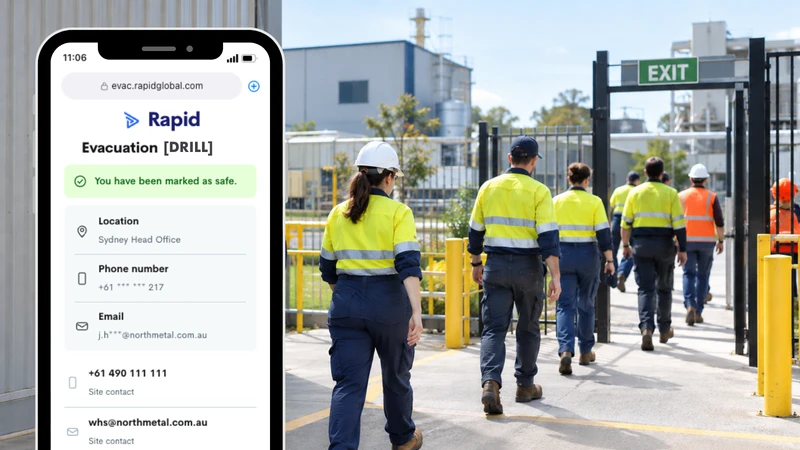 Phone showing a Rapid Access "Evacuation [DRILL]" screen confirming the user has been marked as safe, beside workers in hi-vis walking out through a site exit gate