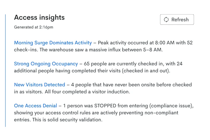 Aware AI-generated insights summarising site access and compliance data