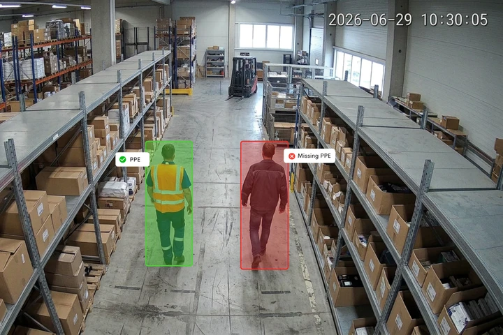 Aware live detection feed flagging missing PPE and forklift-and-pedestrian near misses