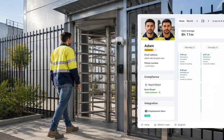 Rapid Access check-in dashboard showing live on-site people, status and attendance