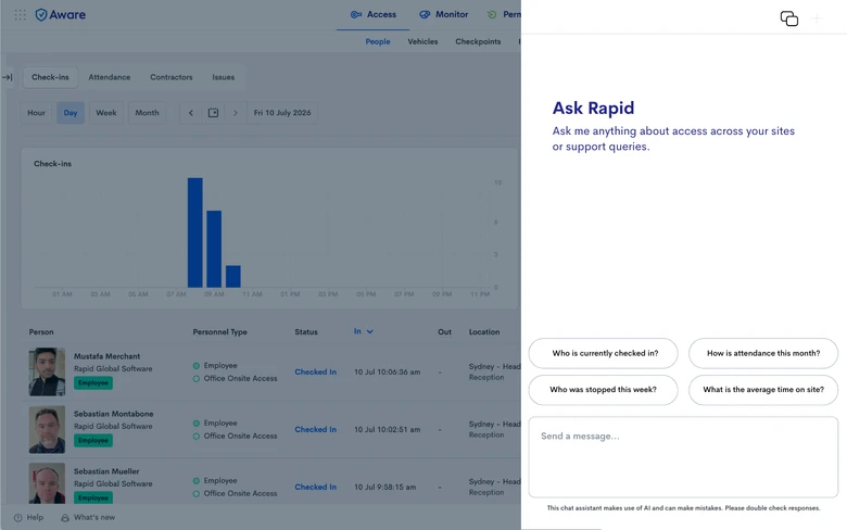 Rapid Chat Ask Rapid assistant with suggested access and attendance questions