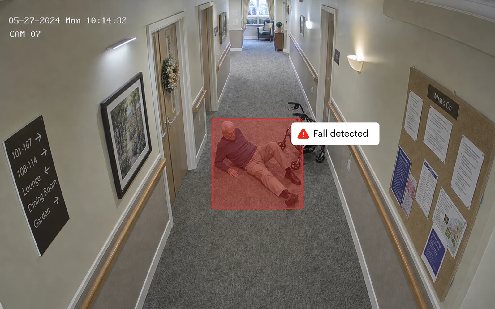 Rapid Monitor fall detection alert in an aged care common area
