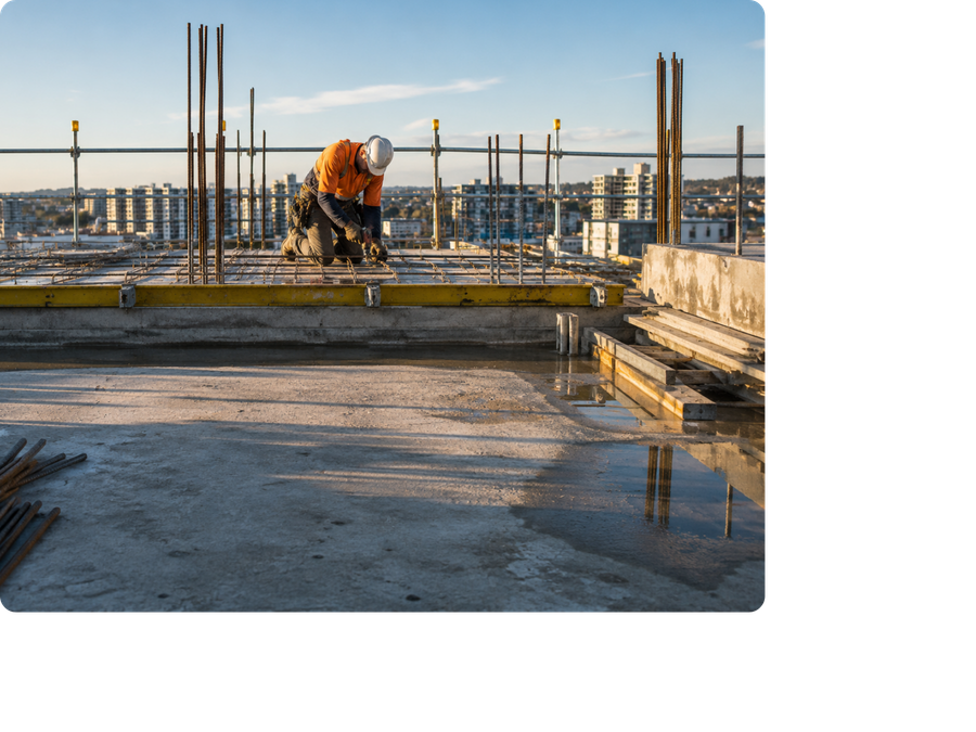 Construction worker on site with Rapid compliance status overlay showing courses, documents and forms are compliant