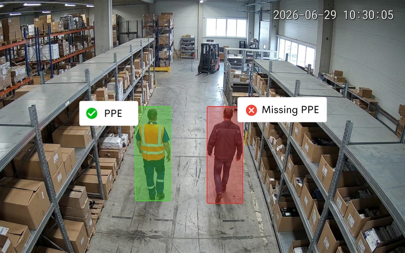 Rapid Monitor flagging missing hi-vis PPE in a transport depot warehouse aisle