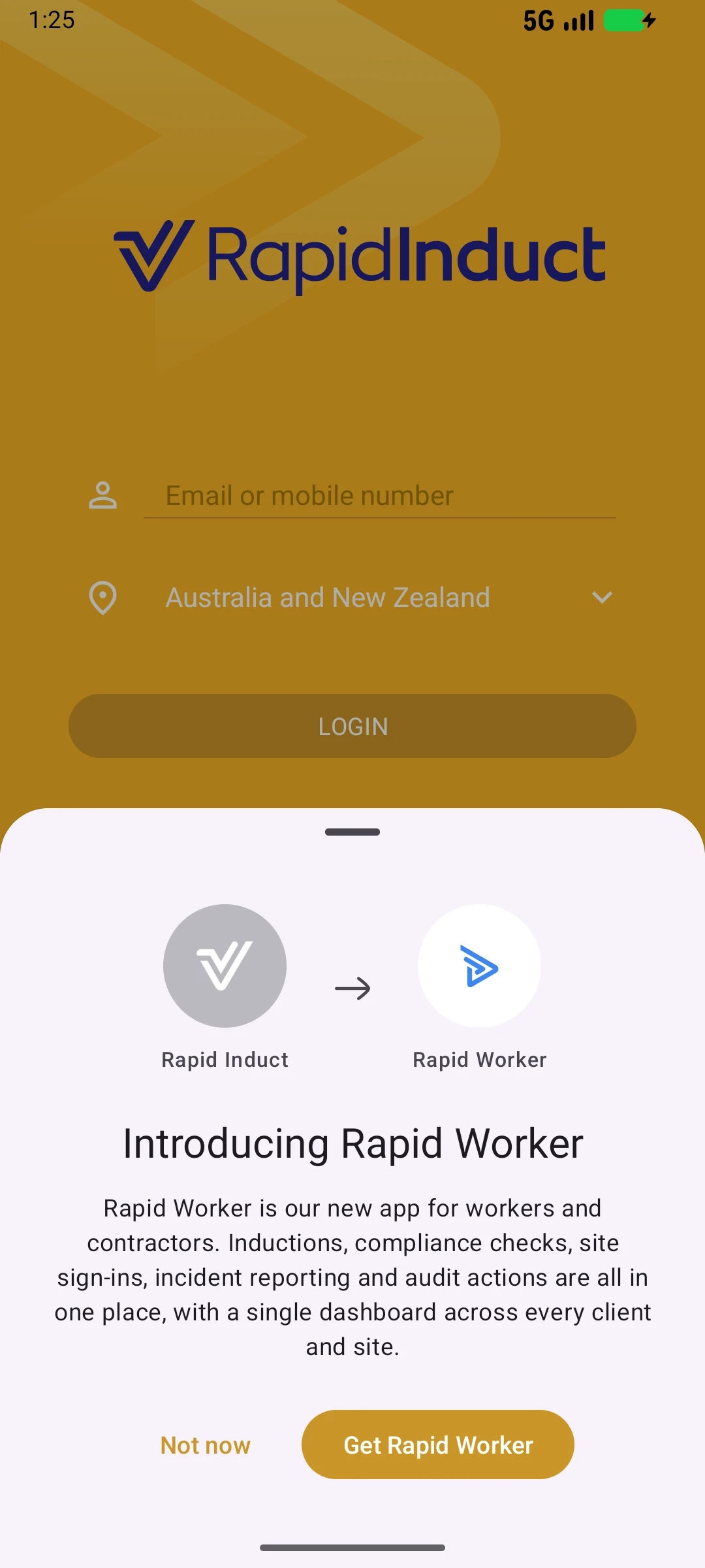 Rapid Induct mobile app pointing toward Rapid Worker