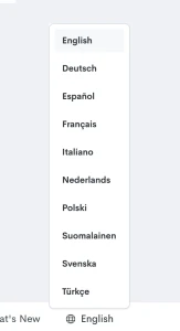 Language switcher UI element showing language options including: English, French, German, Dutch, Spanish, Finnish, Italian, Polish, Swedish, and Turkish.