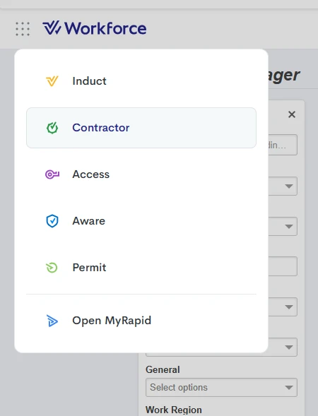 Floating navigation menu with "Contractor" selected.