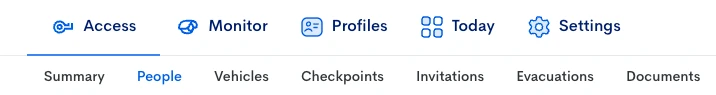 Aware Access sub-menu showing Summary, People, Vehicles, Checkpoints, Invitations, Evacuations and Documents