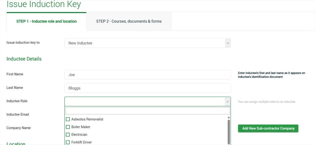 Inductee role list filtered by personnel type when issuing an induction key