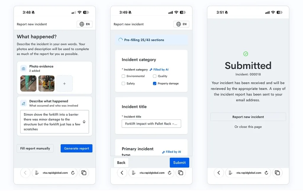 AI-assisted incident report submitted from a QR code form