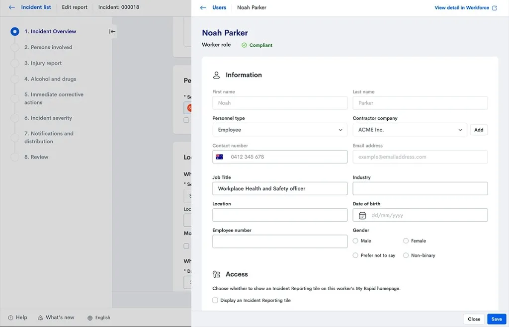 Worker details in Incident Reporting showing a Compliant status