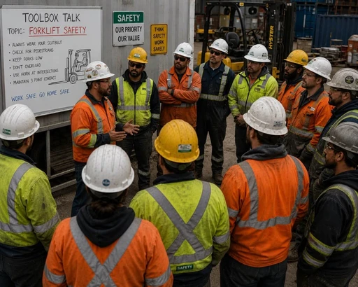Safety team conducting a toolbox talk on forklift safety