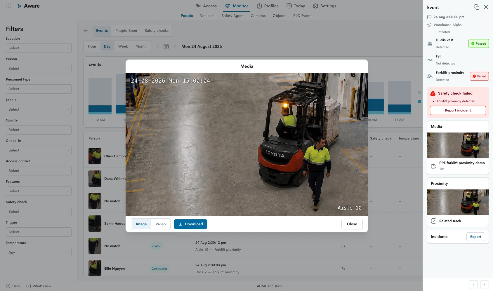Rapid Monitor event details for a failed forklift proximity check, with the media viewer open on a warehouse aisle photo of a pedestrian walking in the path of a loaded forklift
