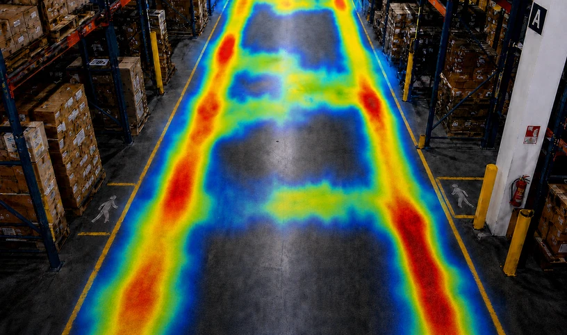 Warehouse aisle photo with a Rapid Monitor heat map overlay showing event density along the walkway in Aisle B at Frankton Warehouse, with red hot spots where traffic concentrates