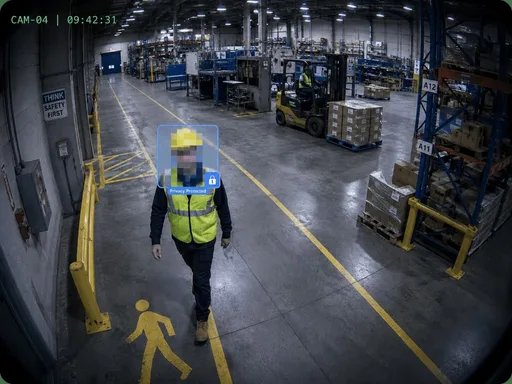 Warehouse CCTV feed with a worker's face anonymised by Rapid Monitor's privacy protection