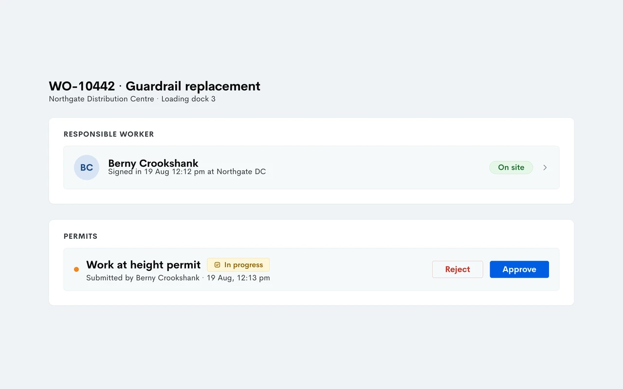 Work order showing a work-at-height permit ready to approve or reject