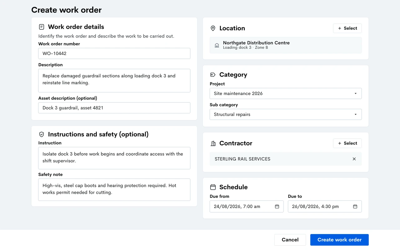 Create work order form showing work details, location, contractor, and schedule