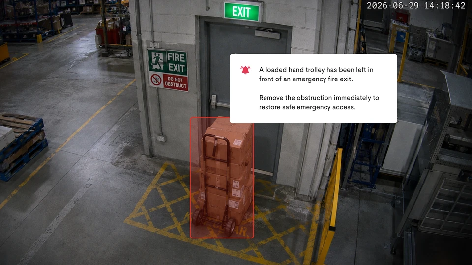 CCTV alert detecting boxes obstructing a fire door exit