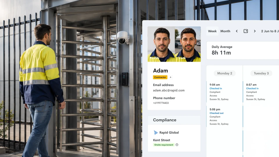 Workers and visitors checking in at the site gate
